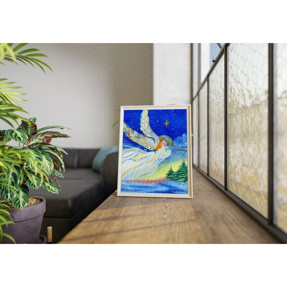 Original Oil Painting Angel Trumpet Christmas Winter Night Sky 8x10 Canvas Art - Picture 11 of 11